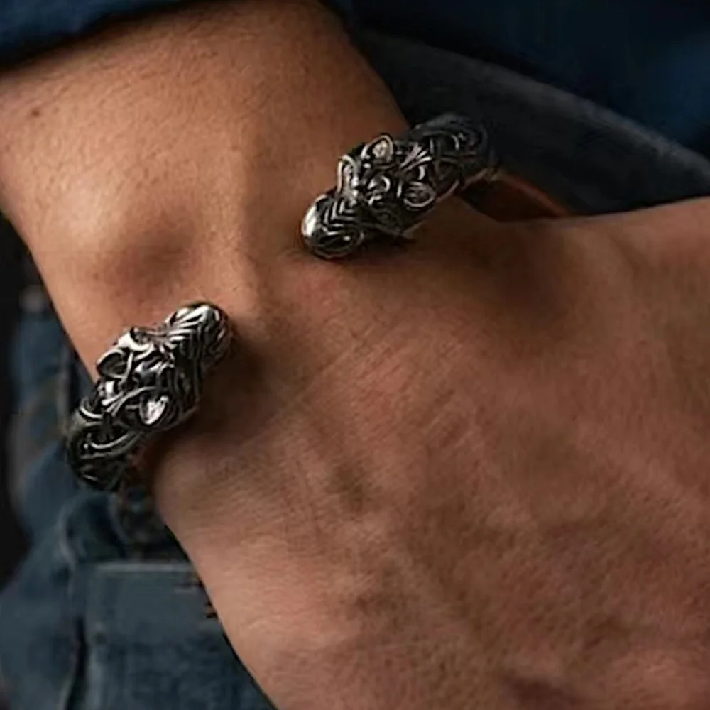 Silver Wolf Head Viking Norse Knotwork Cuff Bangle Bracelet